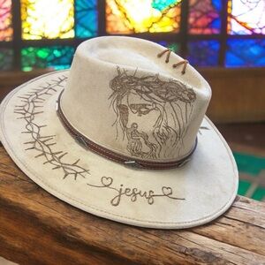 Womens Cream Jesus Hand Burned Hat